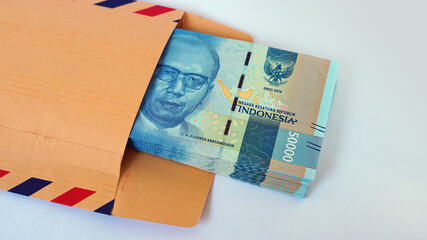 Indonesian rupiah banknote with image of Djuanda Kartawidjaja on a brown envelope, 50,000 rupiah