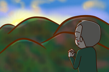 朝焼けに願いを・お祈りする高齢の男性