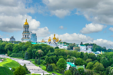 Fototapeta na wymiar Perchersk Lavra skyline view in Kiev with Lavra Bell tower and Sobor Cathedral. Ukraine