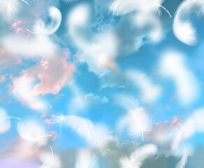 heaven in cloud landscape  with flying white feathers	