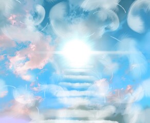 Stairs for the heaven in cloud landscape  with flying white feathers	
