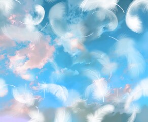 heaven in cloud landscape with flying white feathers	