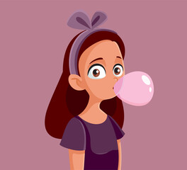Cute Teenage Girl Chewing Bubble Gum Vector Illustration - obrazy, fototapety, plakaty