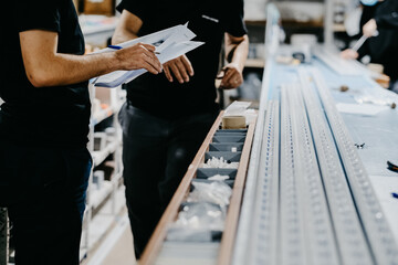 Workers in blinds manufacturing factory