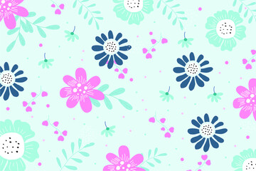 Garden flower, plants ,botanical ,seamless pattern vector design for fashion,fabric,wallpaper and all prints on green mint background color. Cute pattern in small flower. Small colorful flowers.