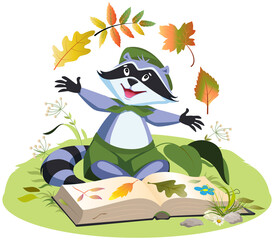Scout collects herbarium of plants. Boy scout raccoon sitting on grass with an open book