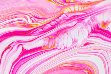 Fluid art texture. Abstract background with mixing paint effect. Liquid acrylic artwork with flows and splashes. Mixed paints for posters or wallpapers. Pink, yellow and white overflowing colors.