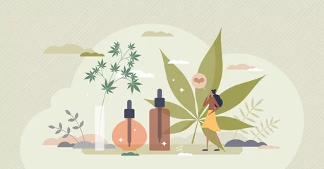 Foto op Canvas CBD oil as cannabis or hemp seeds extract for wellness tiny person concept. Medical usage and herbal products from organic seeds vector illustration. Alternative cosmetics and healthy drug leaf liquid © VectorMine