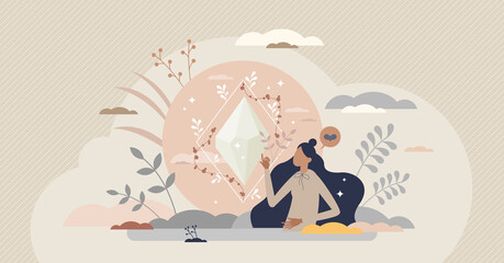 Holistic health as overall body care or spiritual balance tiny person concept. Wellness and awareness for healthy physical and mental harmony vector illustration. Energy, aura and soul symbol scene. - obrazy, fototapety, plakaty