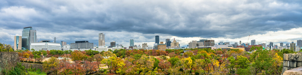 Panorama of Osaka city skyline seen from Osaka Castle. Japan 