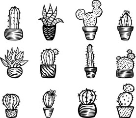 Set of cactuses collection. Vector illustration. Black and White
