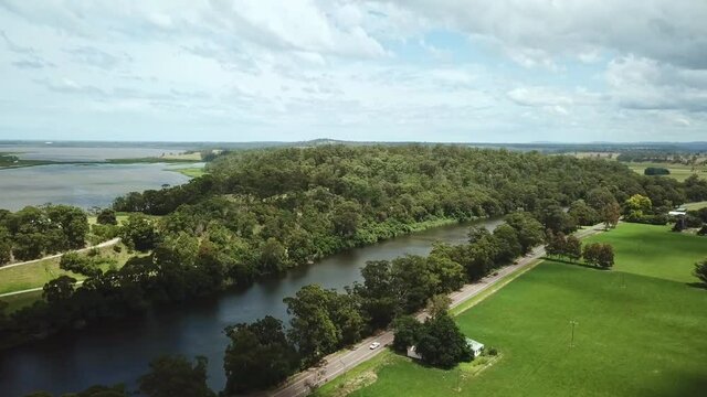 Drone flying next to the Snowy River between Marlo and Orbost, in Gippsland, Victoria, Australia, December 2020