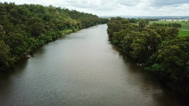 Drone flying over the Snowy River between Marlo and Orbost, in Gippsland, Victoria, Australia, December 2020