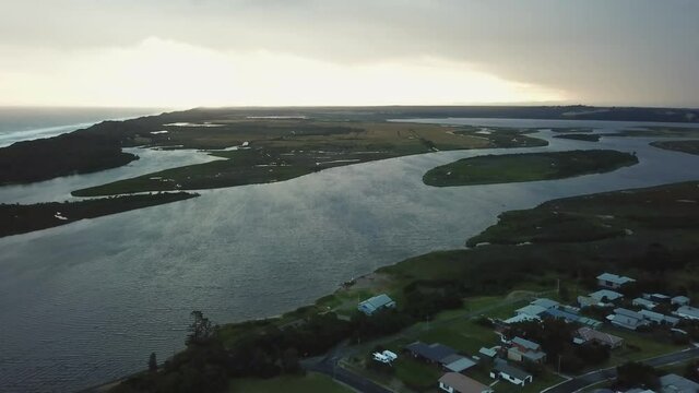 Aerial views near the mouth of the Snowy River and Marlo Coastal Reserve, Gippsland, Victoria, Australia, December 2020