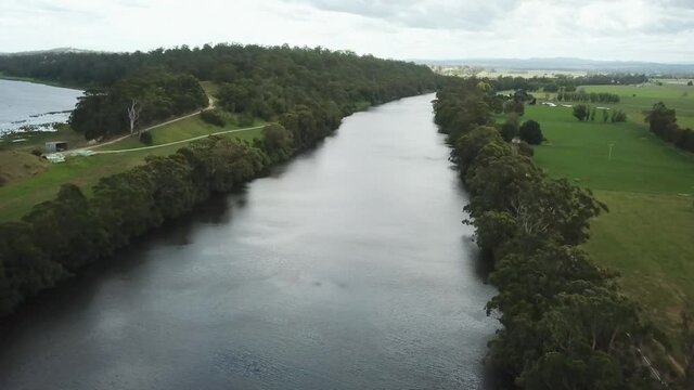 Aerial footage over the Snowy River between Marlo and Orbost, in Gippsland, Victoria, Australia, December 2020