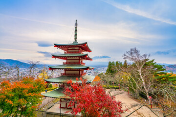 Autum scenery of Japan landmark. Chureito pagoda near Fuji mountain 