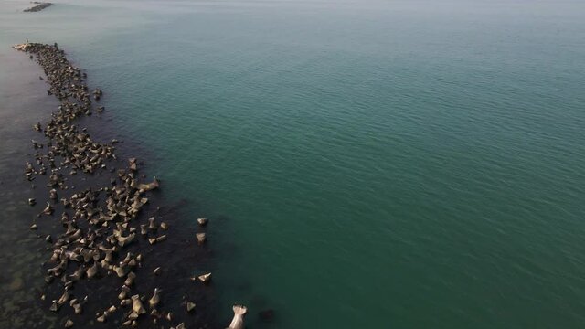 Concrete tetrapods block filmed by drone at the Black Sea