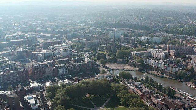 Dolly forward drone shot towards St Mary Redcliffe Church Bristol