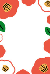 ペン画風　椿の花のフレーム素材（縦向き）