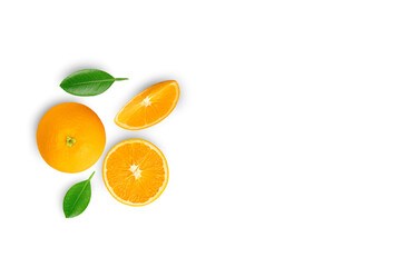 Fresh orange fruit with sliced and leaves isolated on white background. Top view