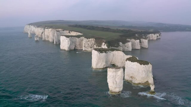 Aerial view over the white cliffs of Dover near Old Harry Rocks 
Drone view from the south coast of England, 2021
