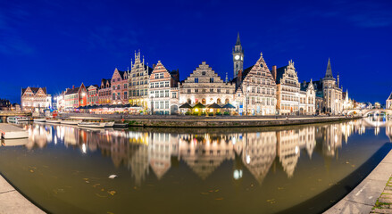 Fototapeta na wymiar Evening panorama of Graslei, Korenlei quays and Leie river in the historic city center in Ghent (Gent), Belgium