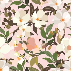 Vintage flowers. Seamless pattern. A branch of a blossoming tree. Flat vector isolated illustration. Pastel colors.