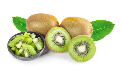Whole kiwi fruit and his sliced segments isolated on white background