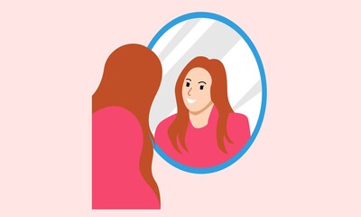 Obraz premium Woman standing in front of mirror and looking at reflection