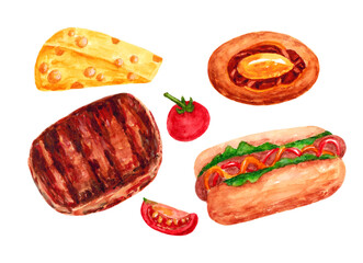 A set of food. hotdog, steak, cheese, tomato and pie, isolated on a white background. a day without diets. the illustration is hand-drawn with watercolor.
