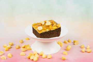 Toffee chocolate cake slice on high plate surrounding nut seeds on colorful background for dessert break