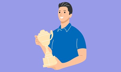 Happy winner smiling businessman character holds a trophy cup