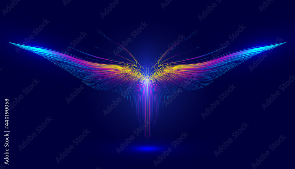 Poster colored lines form abstract flying wings or abstract shapes.
