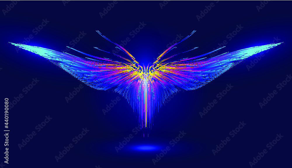 Poster colored lines form abstract flying wings or abstract shapes.