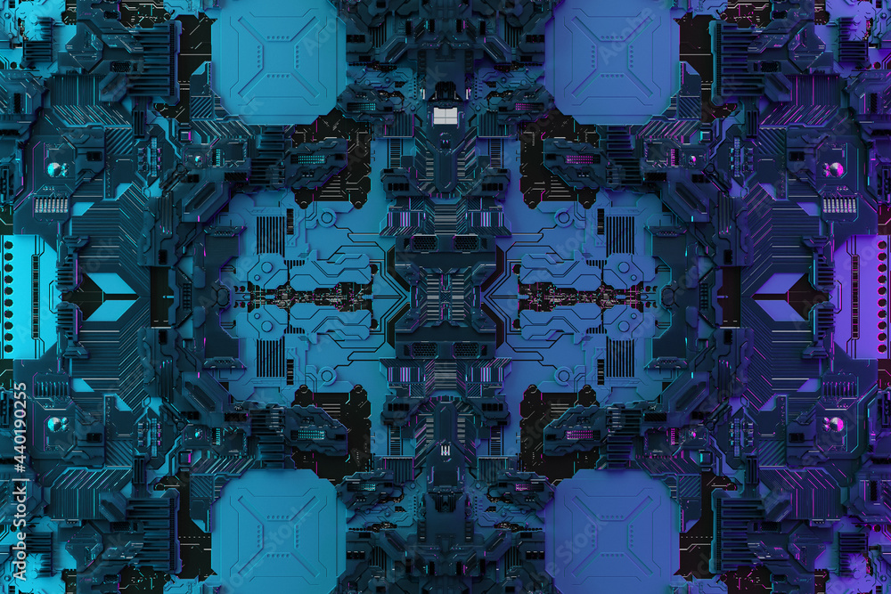 Poster 3d illustration of a pattern in the form of a metal, technological plating of a spaceship or a robot