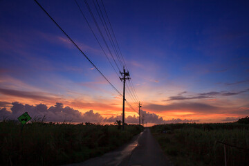 Looking towards the country road, there is a magical and beautiful evening cloud and gradual blue sky