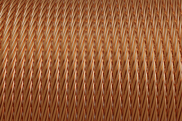 3d illustration of a   сlose up of the bare bright copper wire on the spool. A row of copper wire
