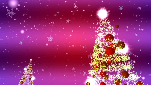 Christmas tree graphic pink background stars floating snowflakes