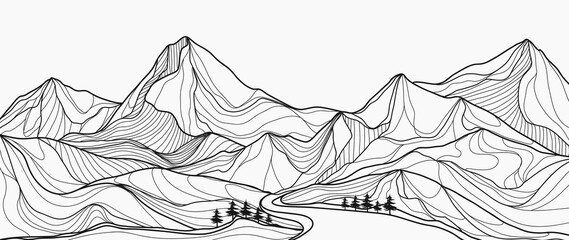 Mountain line art background, Black and white landscape wallpaper design for cover, invitation background, packaging design, wall art and print. Vector illustration.