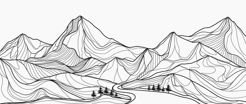 Mountain line art background, Black and white landscape wallpaper design for cover, invitation background, packaging design, wall art and print. Vector illustration.