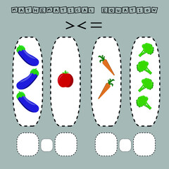 Developing activities for children, compare which more vegetables are as much as tomatoes, broccoli, carrots, eggplants. Logic game for children, mathematical inequalities.