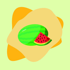 Vector image of a  watermelon and slice  with a shadow and glare on a yellow   isolated background.