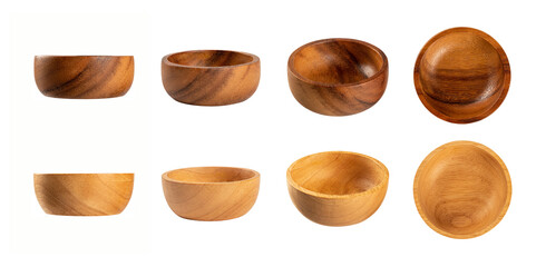 Set of Empty wooden bowl isolated on white background.