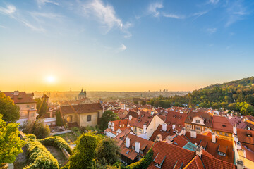 Fototapeta na wymiar Rooftop sunrise panorama of Prague. Czech Republic