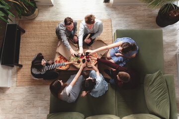 Pizza party, group of friends chatting, eating pizza, drinking sweet soda water