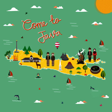 Java Indonesia tourism map vector Illustration with animals and landmarks. Perfect for advertising, tourist guides, travel blogs, books, atlases.