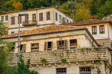 BERAT, ALBANIA: Detail of windows in Berat, also called city of a thousand windows.