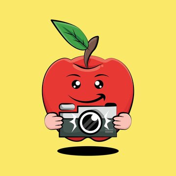 Cute red apple cartoon taking pictures with camera. Red apple free vector design illustration