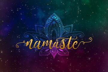 Luxury text namaste and kalamkari design with brighten stars in the galaxy - obrazy, fototapety, plakaty