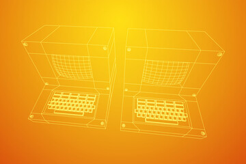 Classic retro perconal computer. Programming code concept. Wireframe low poly mesh vector illustration